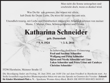 Traueranzeige von Katharina Schneider von  Allgemeine Zeitung Mainz