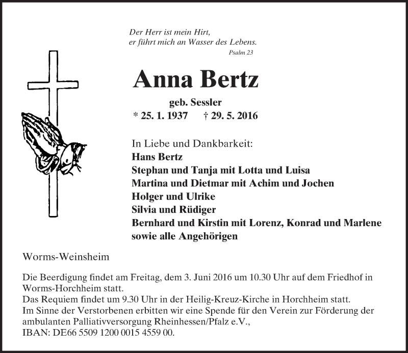  Traueranzeige für Anna Bertz vom 01.06.2016 aus  Wormser Zeitung