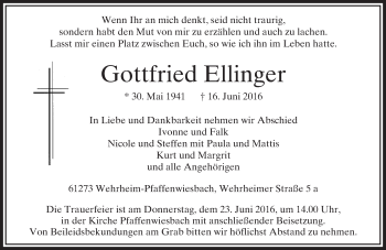 Traueranzeige von Gottfried Ellinger von  Usinger Anzeiger