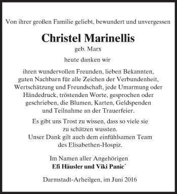 Traueranzeige von Christel Marinellis von Trauerportal Echo Online