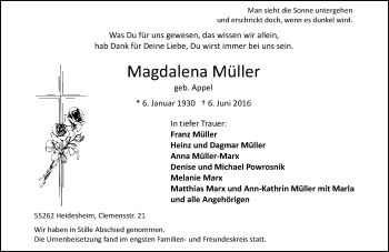 Traueranzeige von Magdalena Müller von Trauerportal Rhein Main Presse