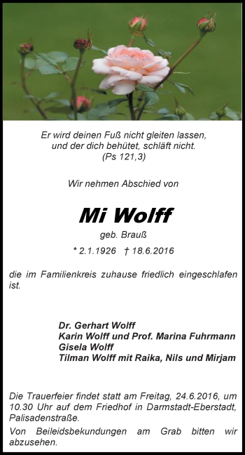 Traueranzeige von Mi Wolff von Trauerportal Echo Online