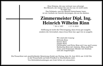 Traueranzeige von Heinrich Wilhelm Rinn von  Gießener Anzeiger