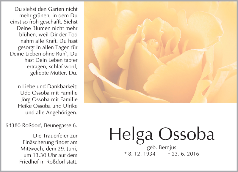  Traueranzeige für Helga Ossoba vom 27.06.2016 aus Trauerportal Echo Online