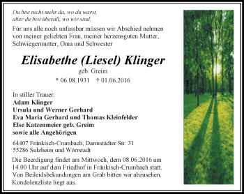 Traueranzeige von Elisabethe Klinger von  Allgemeine Zeitung Alzey