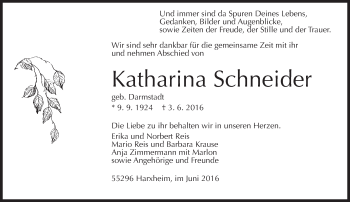 Traueranzeige von Katharina Schneider von  Allgemeine Zeitung Mainz