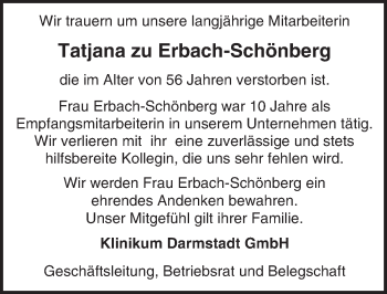 Traueranzeige von Tatjana zu Erbach-Schönberg von Trauerportal Echo Online