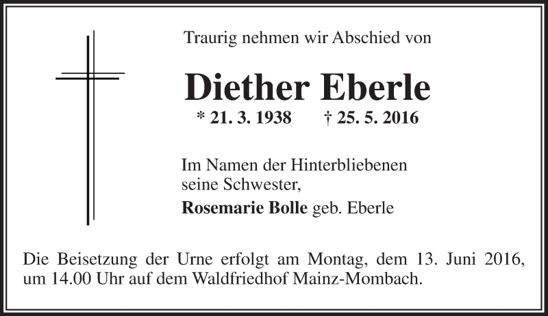 Traueranzeige für Diether Eberle vom 08.06.2016 aus  Allgemeine Zeitung Mainz