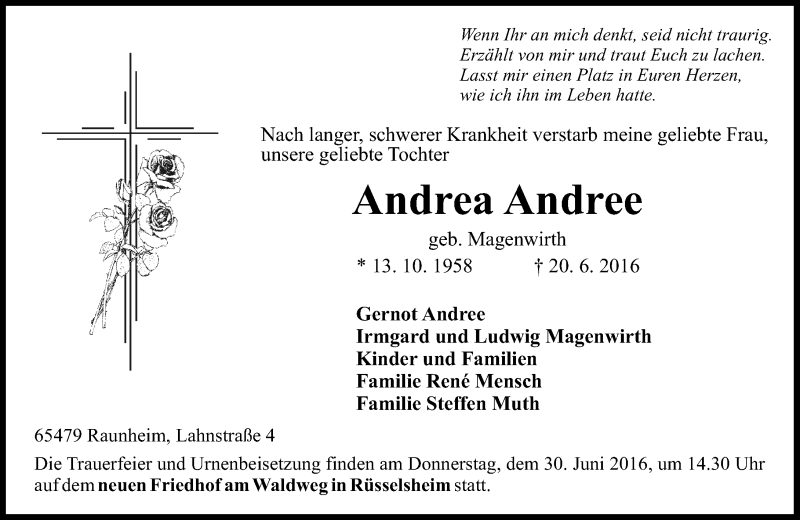  Traueranzeige für Andrea Andree vom 25.06.2016 aus Trauerportal Rhein Main Presse