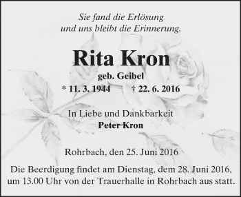 Traueranzeige von Rita Kron von  Kreisanzeiger