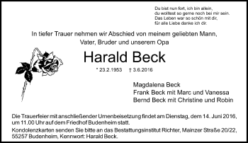 Traueranzeige von Harald Beck von  Allgemeine Zeitung Mainz