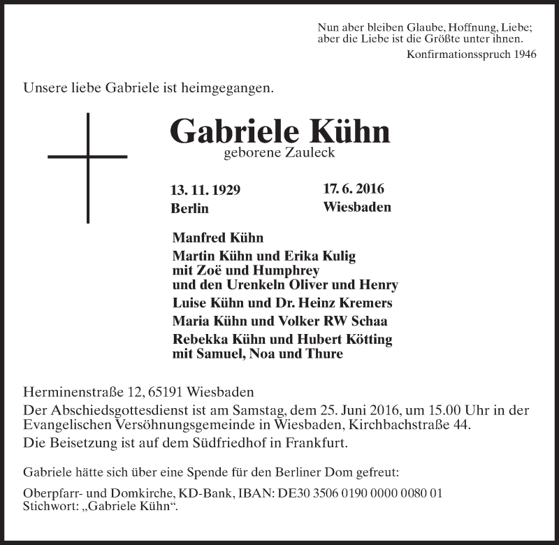  Traueranzeige für Gabriele Kühn vom 21.06.2016 aus Trauerportal Rhein Main Presse