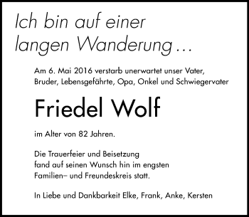 Traueranzeige von Friedel Wolf von  Allgemeine  Zeitung Ingelheim-Bingen