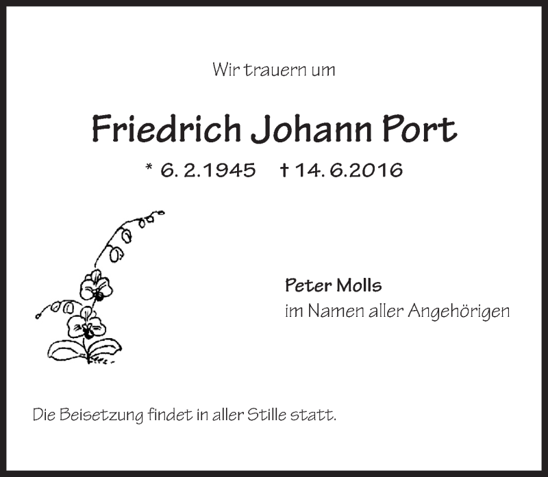 Traueranzeige für Friedrich Johann Port vom 18.06.2016 aus Trauerportal Rhein Main Presse