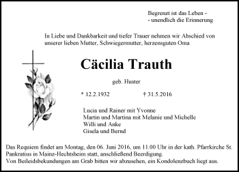 Traueranzeige von Cäcilia Trauth von  Allgemeine  Zeitung Ingelheim-Bingen