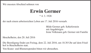 Traueranzeige von Erwin Germer von  Gießener Anzeiger