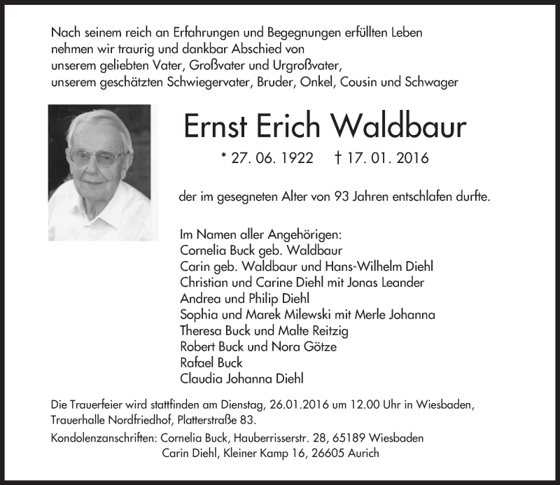  Traueranzeige für Ernst Erich Waldbaur vom 23.01.2016 aus  Wiesbaden komplett