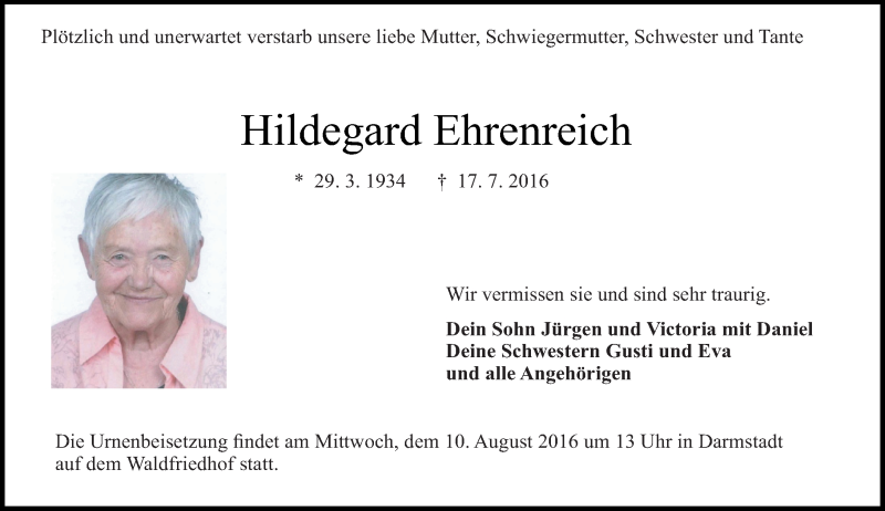  Traueranzeige für Hildegard Ehrenreich vom 23.07.2016 aus Trauerportal Echo Online