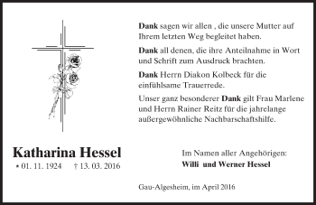 Traueranzeige von Katharina Hessel von  Allgemeine  Zeitung Ingelheim-Bingen