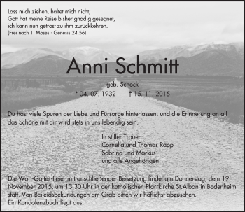 Traueranzeige von Anni Schmitt von  Allgemeine Zeitung Mainz