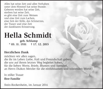 Traueranzeige von Hella Schmidt von  Allgemeine Zeitung Alzey