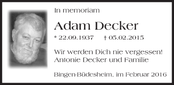 Traueranzeige von Adam Decker von  Allgemeine  Zeitung Ingelheim-Bingen