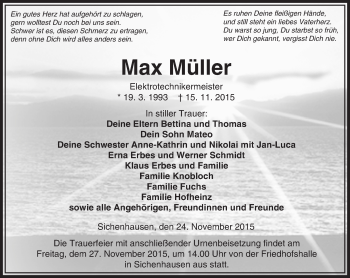 Traueranzeige von Max Müller von  Kreisanzeiger