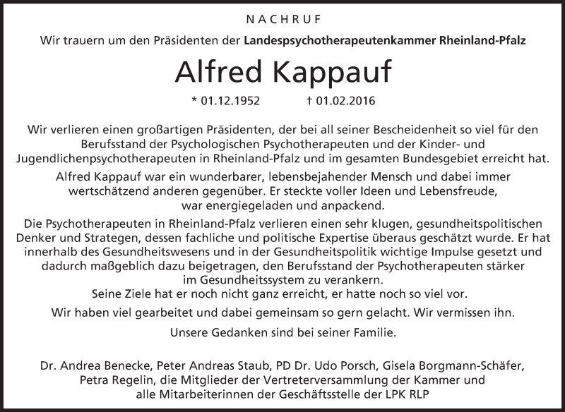 Traueranzeige für Alfred Kappauf vom 06.02.2016 aus trauer.rmp.de