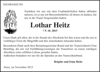 Traueranzeige von Lothar Heitz von  Allgemeine Zeitung Alzey