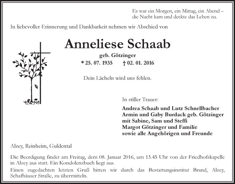  Traueranzeige für Anneliese Schaab vom 05.01.2016 aus  Allgemeine Zeitung Alzey