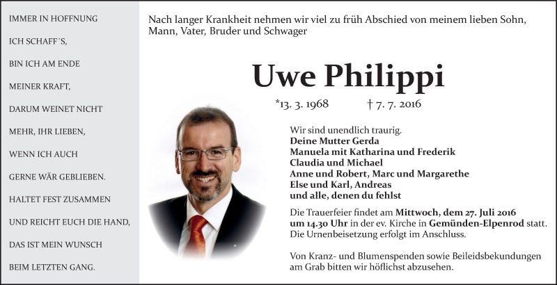  Traueranzeige für Uwe Philippi vom 16.07.2016 aus VRM Trauer