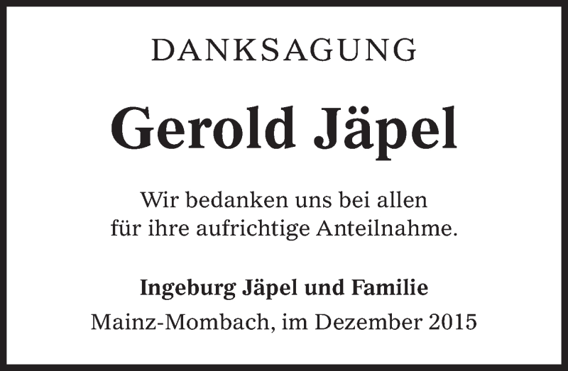 Traueranzeige für Gerold Jäpel vom 12.12.2015 aus  Allgemeine Zeitung Mainz