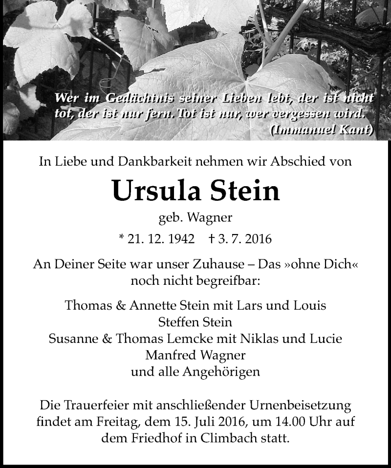  Traueranzeige für Ursula Stein vom 13.07.2016 aus  Gießener Anzeiger