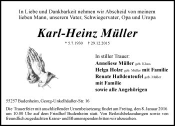 Traueranzeige von Karl-Heinz Müller von  Allgemeine Zeitung Mainz