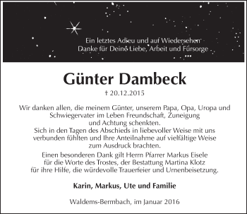 Traueranzeige von Günter Dambeck von  Idsteiner Zeitung