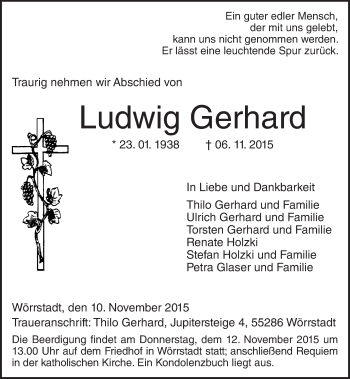 Traueranzeige von Ludwig Gerhard von  Allgemeine Zeitung Mainz