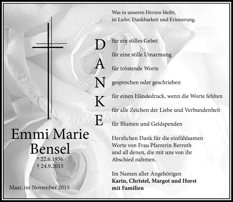  Traueranzeige für Emmi Marie Bensel vom 14.11.2015 aus  Lauterbacher Anzeiger