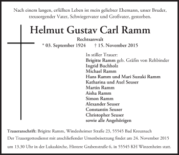 Traueranzeige von Helmut Gustav Carl Ramm von  Allg. Zeitung Bad Kreuznach