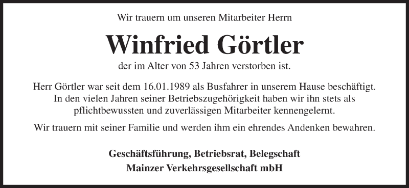  Traueranzeige für Winfried Görtler vom 09.07.2016 aus Trauerportal Rhein Main Presse