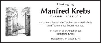 Traueranzeige von Manfred Krebs von  Allgemeine  Zeitung Ingelheim-Bingen