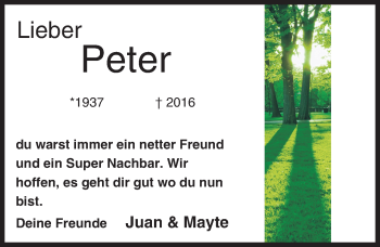 Traueranzeige von Peter  von  Allgemeine Zeitung Mainz