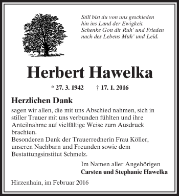 Traueranzeige von Herbert Hawelka von  Sonntags Anzeiger