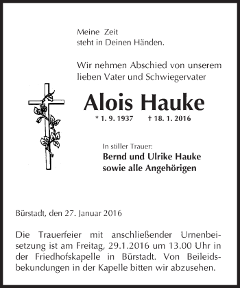 Traueranzeige von Alois Hauke von  Bürstädter Zeitung
