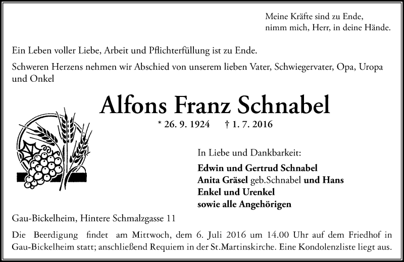 Traueranzeige für Alfons Franz Schnabel vom 04.07.2016 aus Trauerportal Rhein Main Presse