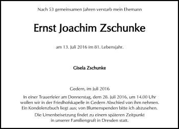 Traueranzeige von Ernst Joachim Zschunke von  Kreisanzeiger