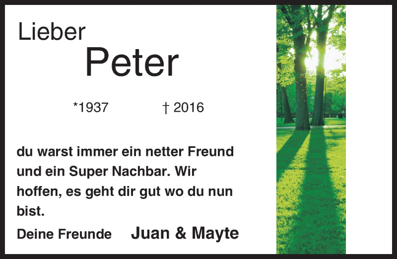  Traueranzeige für Peter  vom 03.02.2016 aus  Allgemeine Zeitung Mainz