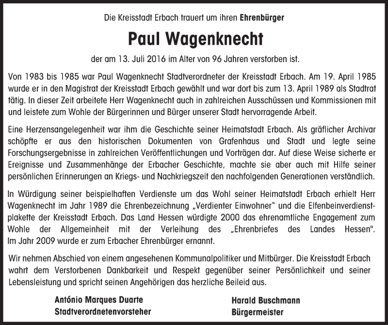  Traueranzeige für Paul Wagenknecht vom 16.07.2016 aus Trauerportal Echo Online