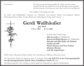 Traueranzeige von Gerdi Wallhäußer von  Allgemeine Zeitung Alzey