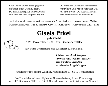 Traueranzeige von Gisela Erkel von  Wiesbaden komplett