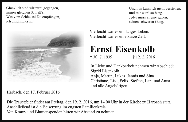  Traueranzeige für Ernst Eisenkolb vom 17.02.2016 aus  Gießener Anzeiger